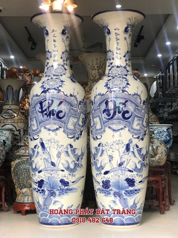 Lục bình sứ Phúc Đúc men lam vẽ kỹ Bát Tràng 1m55 LB07
