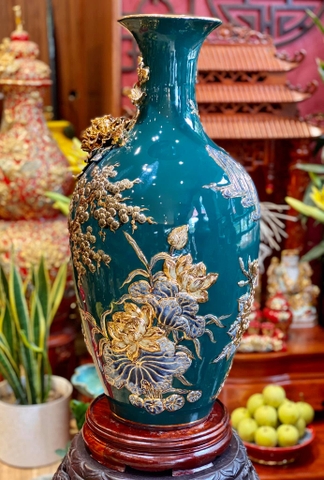 Bảo bình “ Phú Quý Trường Xuân” đắp nổi nền xanh mạ vàng cao cấp