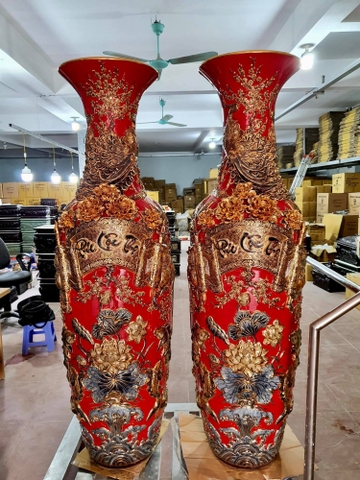 Lục bình sứ Phúc Lộc Thọ đắp nổi kênh bong nền đỏ mạ vàng KT 1m55 LBVV06