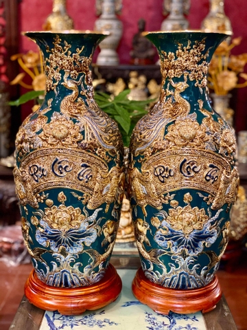 Tiểu lục bình sứ Phúc Lộc Thọ mạ vàng cao cấp nền xanh lục