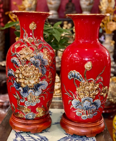 Mặt trước & mặt sau Lộc bình “Niên Niên Hữu Dư “ men Đỏ Ruby thuộc hành Hoả H50cm