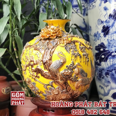 Bình hút tài lộc Bách hạc tùng quần men vàng mạ vàng cao cấp H42cm