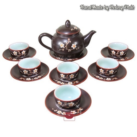 Ấm chén men nâu dáng hồng vẽ hoa đào