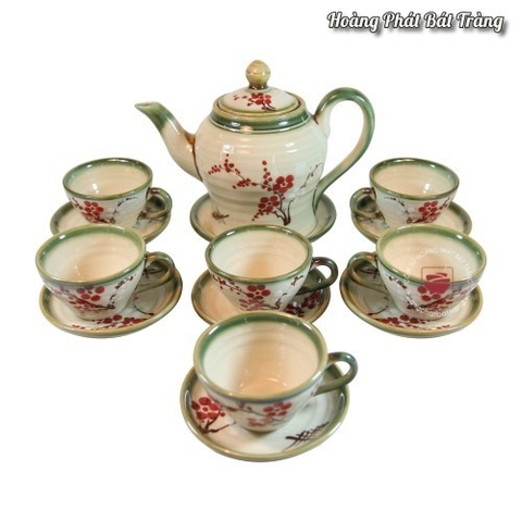 Ấm chén Bát Tràng men tro hoa đào