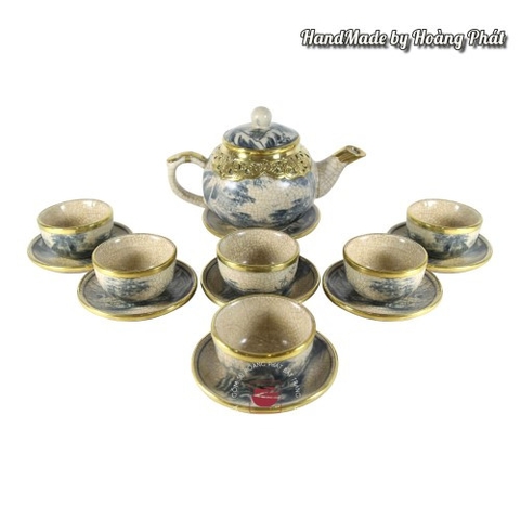 Ấm chén sơn thủy bọc đồng dáng hồng men rạn 