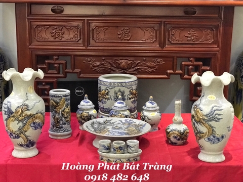 Bộ đồ thờ men rạn đắp nổi Bát Tràng ban thờ