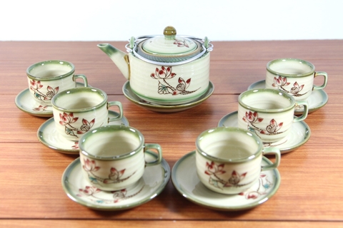 Ấm chén men xanh đồng hoa sen đỏ SP762