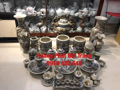 Bộ đồ thờ men rạn đắp nổi Lưỡng Long chầu nguyệt Bát Tràng