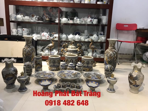 bộ đồ thờ men rạn đắp nổi Lưỡng Long chầu nguyệt phù hợp ban thờ gia tiên
