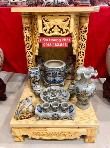 Bộ đồ thờ men rạn đắp nổi ban thờ thần tài gốm sứ Bát Tràng