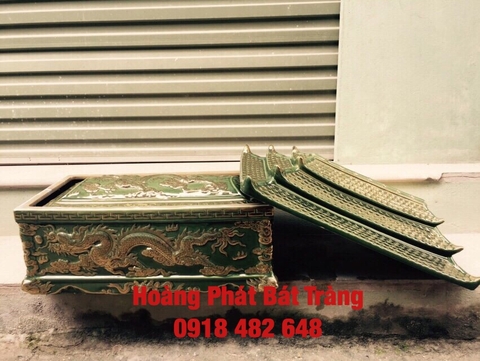 Tiểu quách men xanh thạch anh ba mái cỡ Đại mạ vàng QTVK14