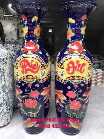 Lộc bình sứ cuốn thư Phúc Đức nền xanh coban 1m55 LB48