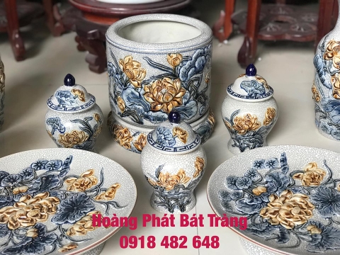 Bát hương men rạn đắp hoa sen Bát Tràng