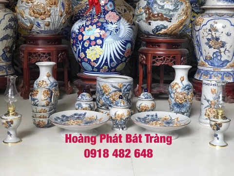 Bộ đồ thờ sen men rạn đắp nổi ban thờ Phật SP4919