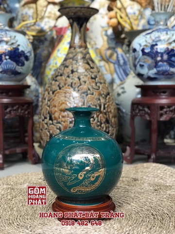 Bình hút tài lộc Phát Lộc nền xanh lục bảo Bát Tràng H28cm
