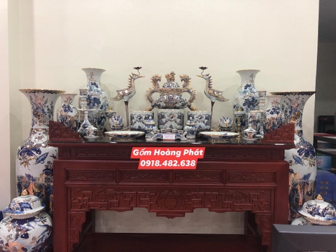 Bộ đồ thờ men lam truyền thống vẽ thêm vẽ vàng 24k SP5036