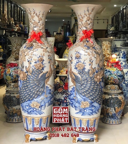 Lục bình sứ đắp nổi men rạn công đào phú quý mãn đường cao cấp 1m4 LBMR38