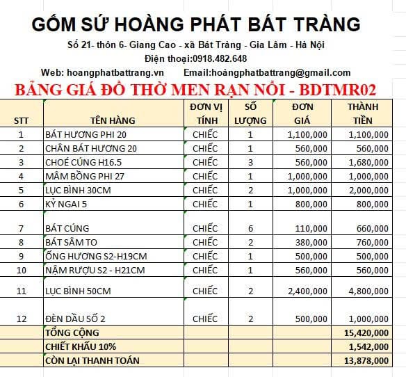 Bộ đồ thờ men rạn đắp nổi cao cấp BDTMR02
