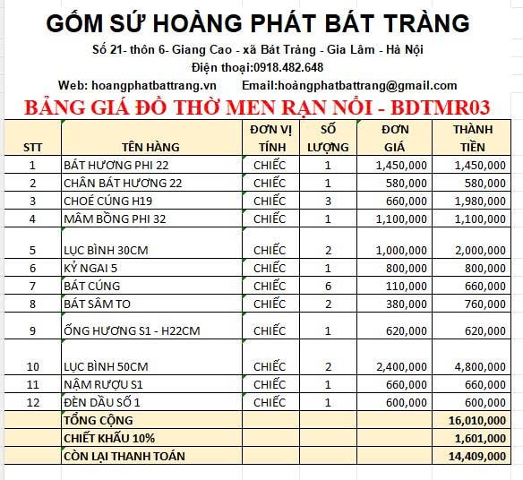 Bộ đồ thờ men rạn đắp nổi cao cấp BDTMR03