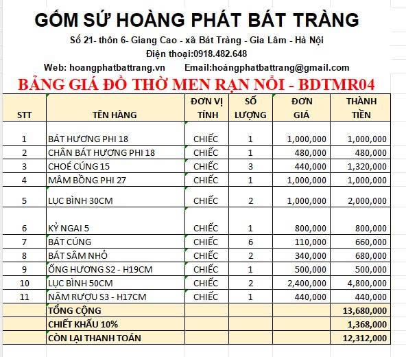 Bộ đồ thờ men rạn đắp nổi cao cấp BDTMR04