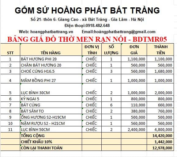 Bộ đồ thờ men rạn đắp nổi cao cấp BDTMR05