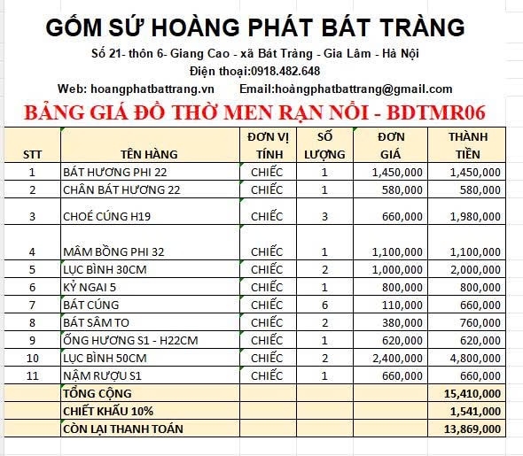 Bộ đồ thờ men rạn đắp nổi cao cấp BDTMR06