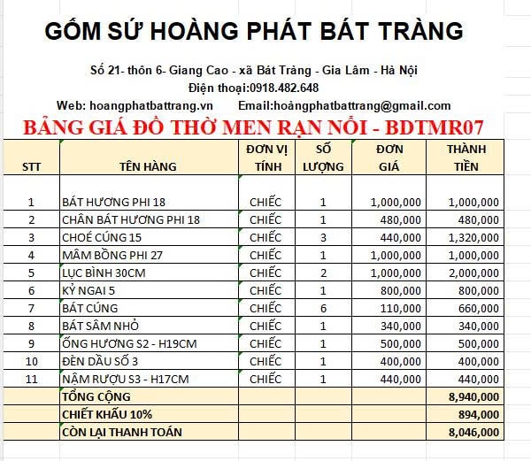 Bộ đồ thờ men rạn đắp nổi cao cấp BDTMR07