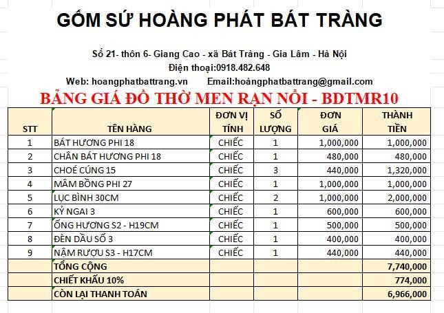 Bộ đồ thờ men rạn đắp nổi cao cấp BDTMR10