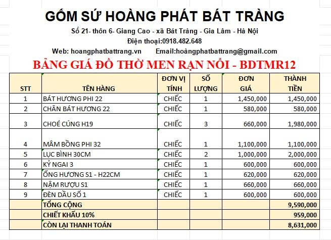 Bộ đồ thờ men rạn đắp nổi cao cấp BDTMR12