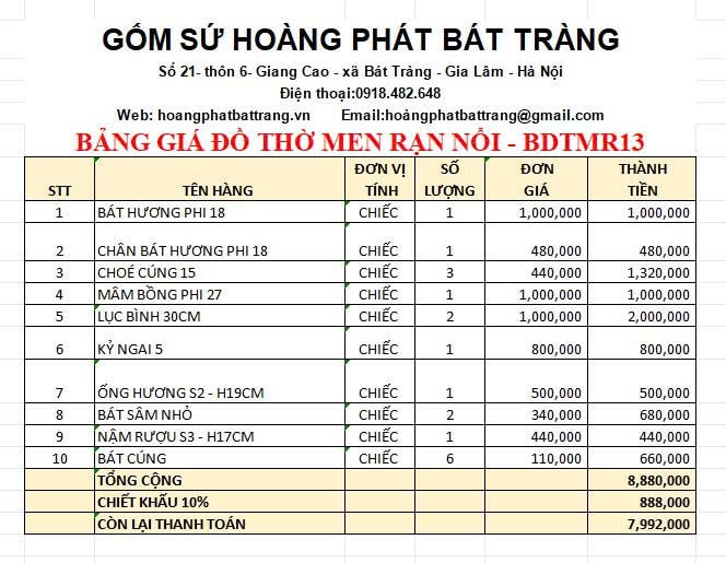 Bộ đồ thờ men rạn đắp nổi cao cấp BDTMR13