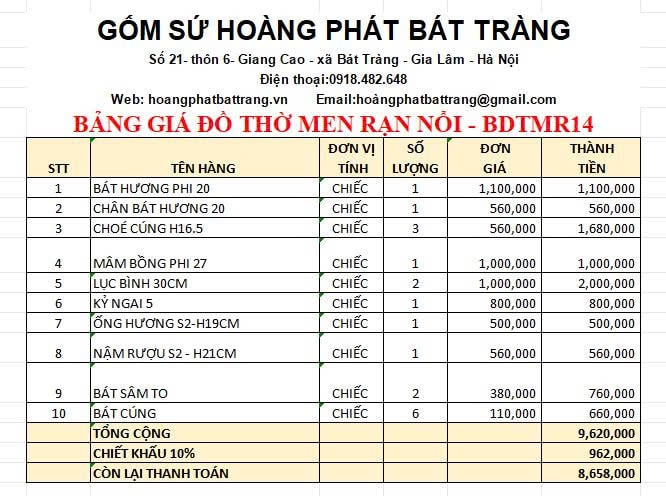 Bộ đồ thờ men rạn đắp nổi cao cấp BDTMR14