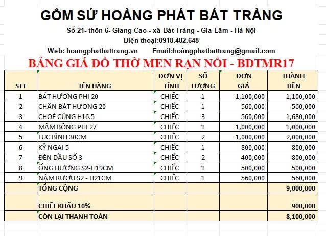 Bộ đồ thờ men rạn đắp nổi cao cấp BDTMR17