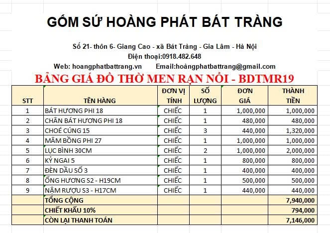 Bộ đồ thờ men rạn đắp nổi cao cấp BDTMR19