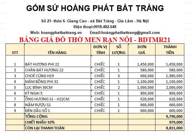Bộ đồ thờ men rạn đắp nổi cao cấp BDTMR21