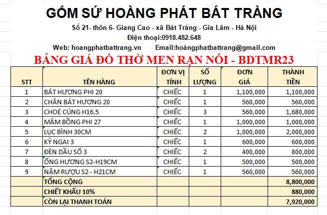 Bộ đồ thờ men rạn đắp nổi cao cấp BDTMR23