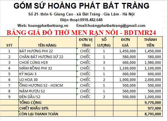 Bộ đồ thờ men rạn đắp nổi cao cấp BDTMR24
