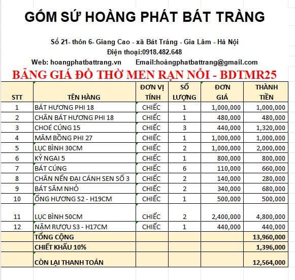 Bộ đồ thờ men rạn đắp nổi cao cấp BDTMR25