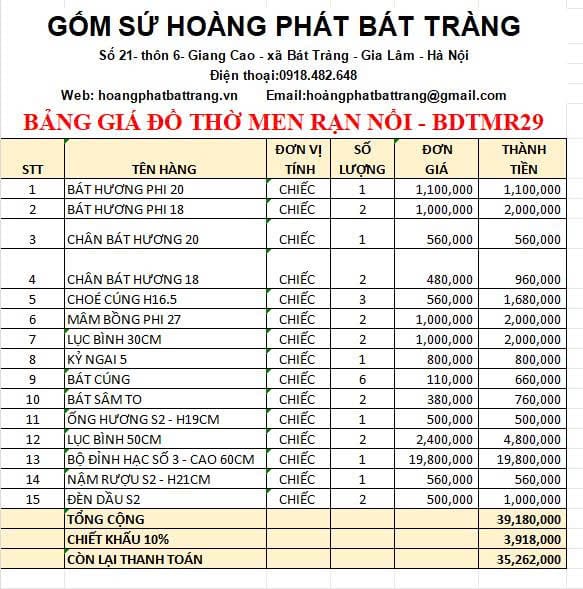 Bộ đồ thờ men rạn đắp nổi cao cấp BDTMR29