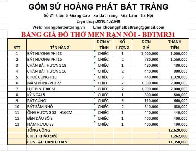 Bộ đồ thờ men rạn đắp nổi cao cấp BDTMR31