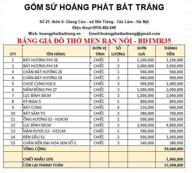 Bộ đồ thờ men rạn đắp nổi cao cấp BDTMR35