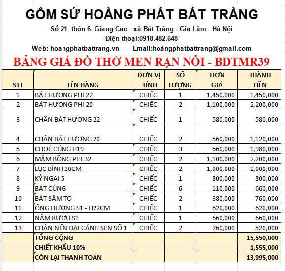 Bộ đồ thờ men rạn đắp nổi cao cấp BDTMR39