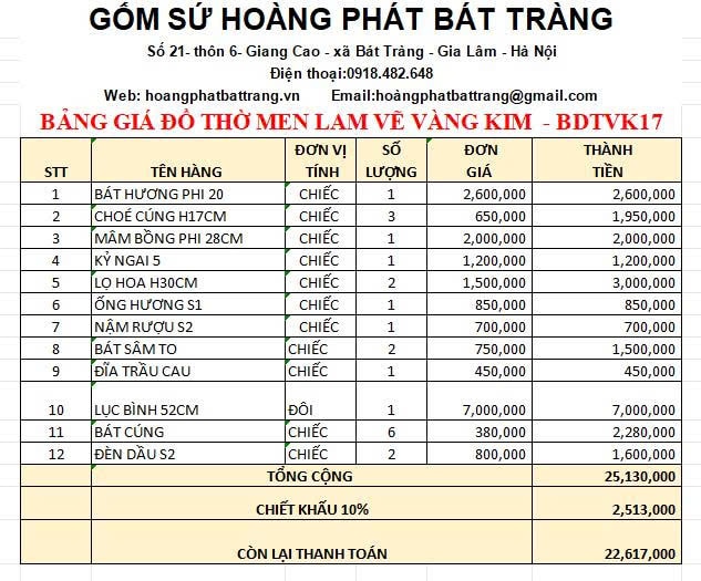 Bộ đồ thờ vàng kim cao cấp Bát Tràng BDTVK17