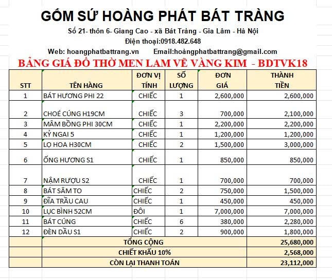Bộ đồ thờ vàng kim cao cấp Bát Tràng BDTVK18