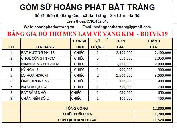 Bộ đồ thờ vàng kim cao cấp Bát Tràng BDTVK19