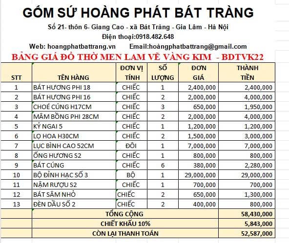 Bộ đồ thờ vàng kim cao cấp Bát Tràng BDTVK22