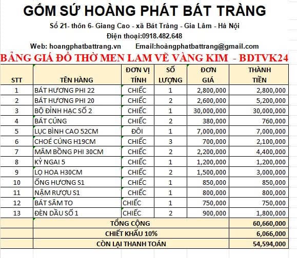 Bộ đồ thờ vàng kim cao cấp Bát Tràng BDTVK24