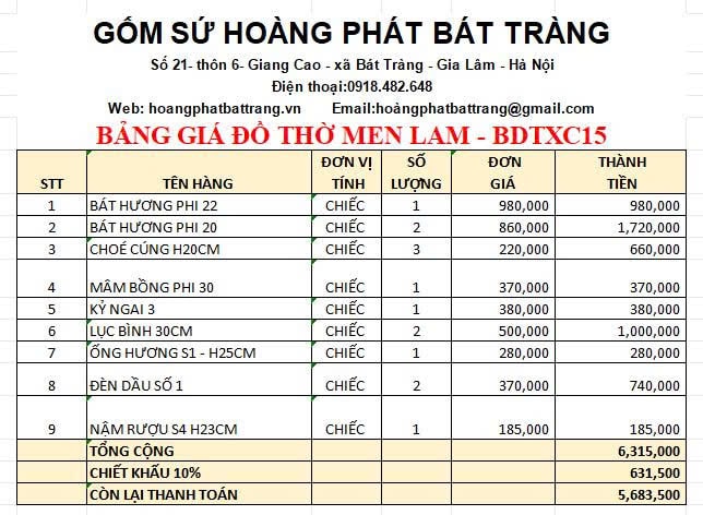 Bộ đồ thờ men lam xanh cổ cao cấp DTXC15
