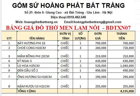 Bộ đồ thờ men xanh nổi Bát Tràng DTXN07
