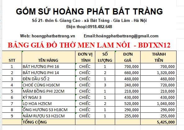 Bộ đồ thờ men xanh nổi Bát Tràng DTXN12