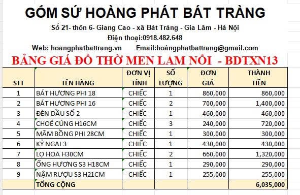 Bộ đồ thờ men xanh nổi Bát Tràng DTXN13